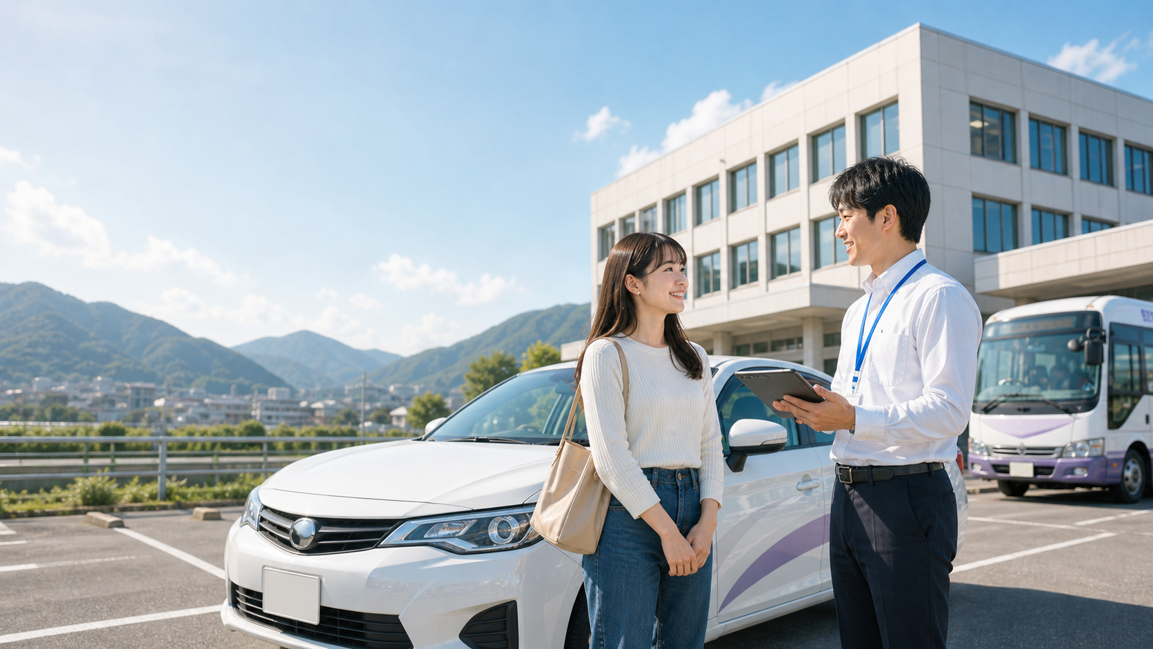筑紫野自動車学校の校舎と教習車、教官と教習生